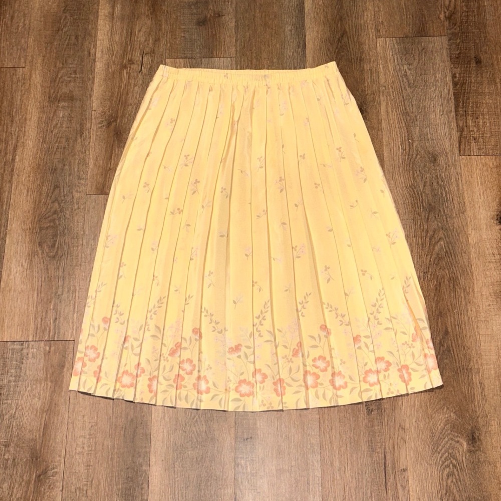 Vintage Leslie Fay Petite Yellow Floral Pleated Midi Skirt 90s Secretary 12P
